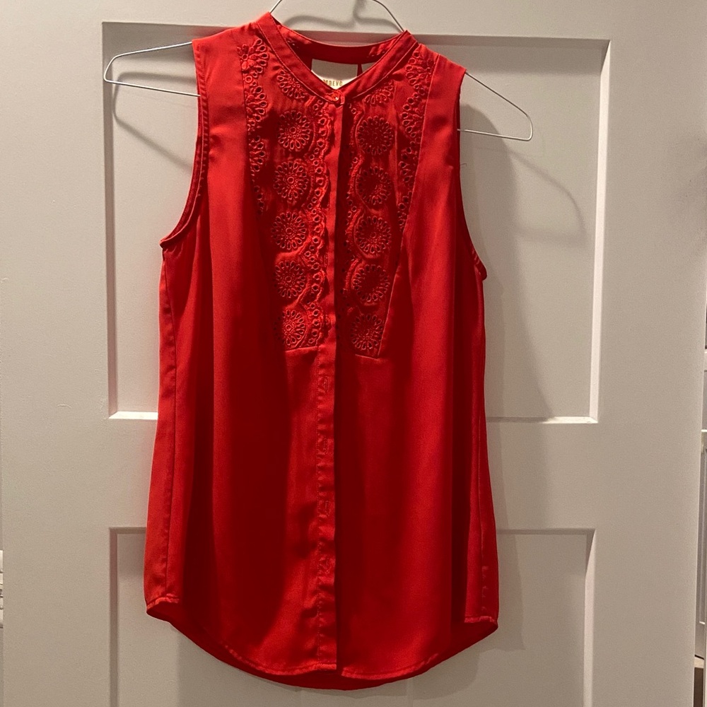 Maeve Red Sleeveless Blouse with Embroidered Lace Details